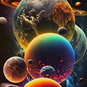 May include: A digital illustration depicting a solar system with various planets of different colours and sizes. The planets are stacked, with the largest at the top and the smallest at the bottom. The planets have rings around them, and there are stars in the background.