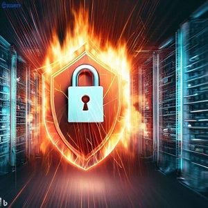 Può includere: Illustrazione digitale di un lucchetto azzurro su uno scudo, circondato da fiamme e scintille. I rack dei server sullo sfondo suggeriscono la sicurezza dei dati. La parola "SECURITY" è visibile in alto a sinistra.