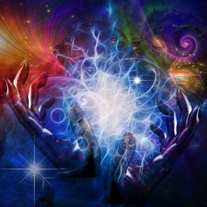 May include: Two hands reaching out towards a bright white light surrounded by swirling blue and purple energy. The background is a dark blue and purple galaxy with stars and a swirling nebula.