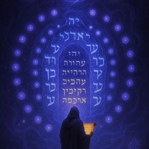Puede incluir: Una ilustración digital azul oscuro que muestra una figura encapuchada sosteniendo un pergamino ante un portal brillante de texto hebreo y orbes de luz. Sobre el portal, se representan una corona y una espada, con el texto Ezra y Tav visible.