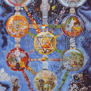 May include: A vertical painting featuring a complex arrangement of interconnected circular spheres and geometric structures against a deep blue background. The composition includes vibrant colors, celestial motifs, and detailed figures within each orb.