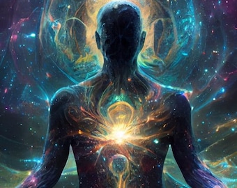 May include: A digital art illustration of a person meditating in a lotus position. The person is surrounded by a swirling galaxy of stars and nebulae. The person's heart is glowing with a bright light.