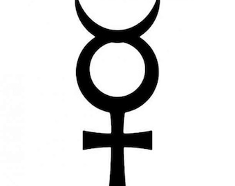 May include: A black and white symbol with a circle and a cross. The circle is at the top of the cross and has a crescent moon shape on either side.
