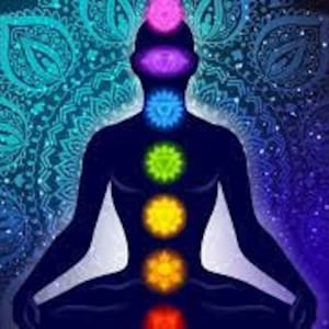 May include: A silhouette of a person sitting in a meditative pose with seven colored chakras aligned along the spine. The chakras are represented by circles in the colors red, orange, yellow, green, blue, indigo, and violet. The background is a dark blue mandala with a starry pattern.