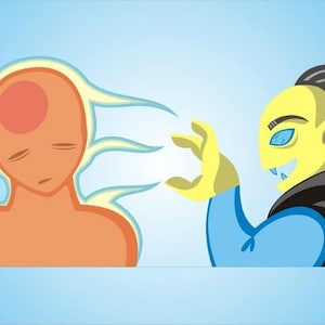 May include: A cartoon illustration of a vampire with sharp teeth and glowing eyes reaching out to a person with a red circle on their head. The person is surrounded by a yellow aura.