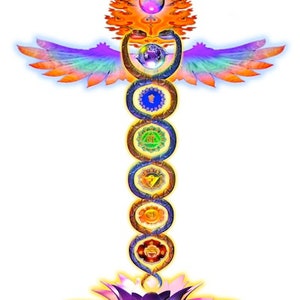 Könnte beinhalten: Eine farbenfrohe Illustration einer Schlange mit sieben Chakren, jedes mit einer anderen Farbe und einem anderen Symbol, die aus einer Lotusblume aufsteigt. Die Schlange ist von einem Heiligenschein aus Licht und Flügeln umgeben.