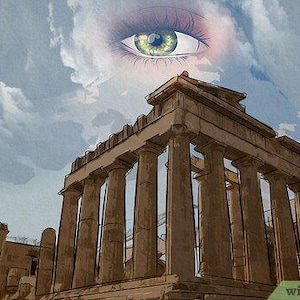 Puede incluir: Una representación artística de un antiguo templo griego con altas columnas, sobre un cielo nublado. Un gran ojo con iris verde se superpone al templo, creando una composición surrealista y simbólica.