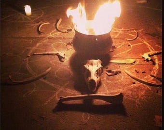 May include: A black cauldron sits on a dirt floor with flames burning inside. A white animal skull sits in front of the cauldron. There are several white bones scattered around the cauldron. The bones and cauldron are surrounded by a chalk circle.