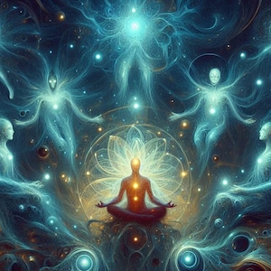May include: An ethereal digital art piece featuring a central figure in a meditative pose, surrounded by glowing, humanoid forms and swirling cosmic energy. The color palette includes blues, golds, and oranges, with sparkling celestial elements.