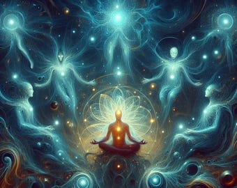 May include: An ethereal digital art piece featuring a central figure in a meditative pose, surrounded by glowing, humanoid forms and swirling cosmic energy. The color palette includes blues, golds, and oranges, with sparkling celestial elements.