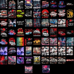 May include: A collection of graphic designs featuring various sports cars, drift racing scenes, Japanese text, and neon cityscapes. The images include motifs like red suns, cherry blossoms, lightning, and text such as JDM, Drift, and Tokyo.