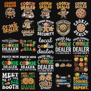 Könnte beinhalten: Eine Sammlung von Grafikdesigns mit Keksen und dem Schriftzug "Cookie Dealer". Die Designs umfassen Cartoon-Kekse mit Sonnenbrillen, Lebkuchenmänner und verschiedene Textanordnungen. Die Farbpalette umfasst Braun, Orange, Grün und Weiß.
