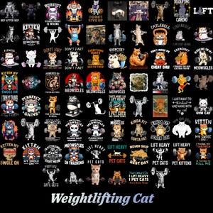 Gym Cat Gewichtheben PNG Bundle, lustige Muskel Kätzchen Sublimation, Retro Fitness Meowscle Bodybuilder Katze Clipart Download Objekt