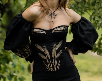 100% linen corset with golden embroidery, wheat embroidery, corset with cups and sleeves, corset-top, corset to-order for woman