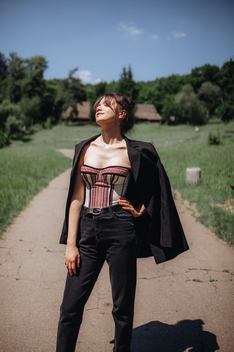 Corset with traditional embroidery red burgundy color image 5