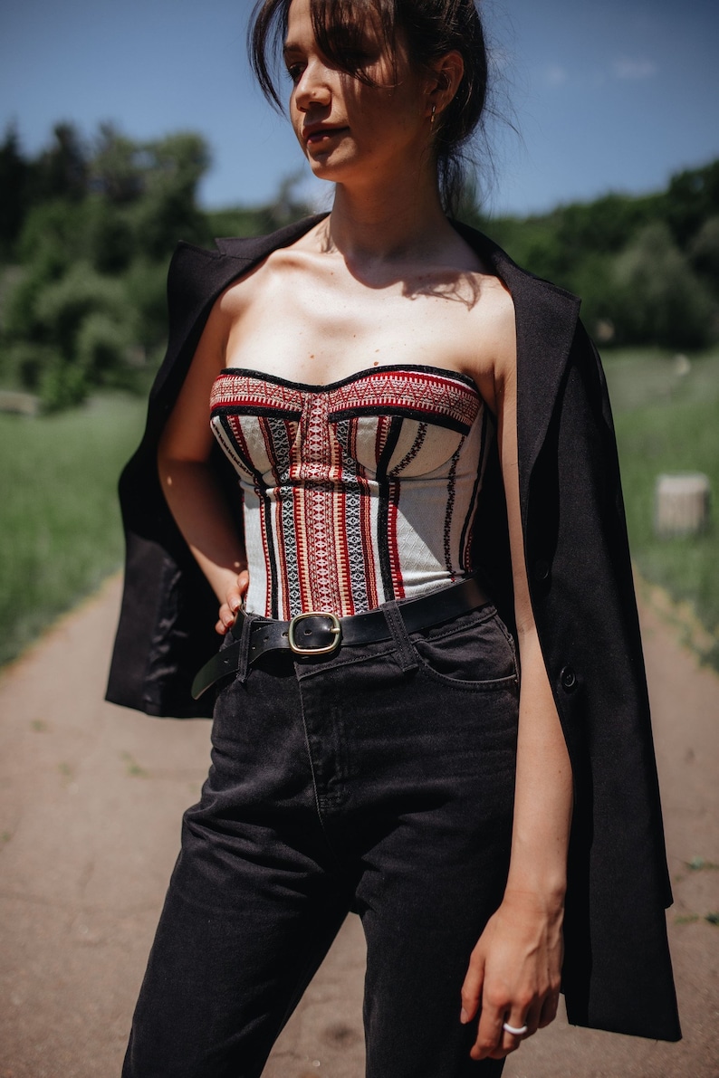 Corset with traditional embroidery red burgundy color image 6