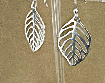 Casual silver earrings, birthday gift, gift for her, sterling silver leaf, dangling silver leaf,