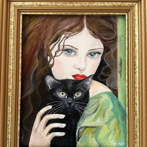 Peinture de chat, portrait de chat, fait main, chat, mur, art, animal, peinture, oeuvre d'art, peinture originale - Femme et chat noir