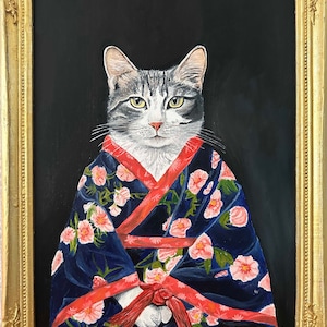 Peinture de chat, portrait de chat, fait main, chat, mur, art, animal, peinture, œuvre d'art, peinture originale - Chat en costume, kimono