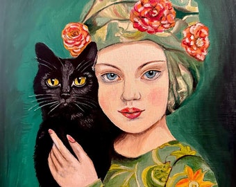 Painting girl and her black cat, portrait, handmade, wood, art, animal, colorful, artwork, original oil painting, flowers, flowers