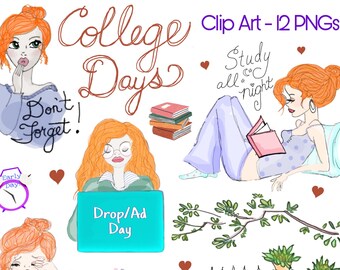 Imagens de garota ruiva em PNG, moda universitária (adesivos digitais)