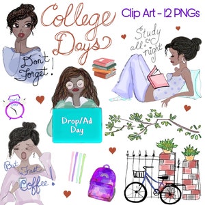 Imágenes prediseñadas de chicas universitarias, imágenes prediseñadas de regreso a la escuela, PNG escolares, Diversidad, imágenes prediseñadas de moda negra, Tonos oscuros, Pegatinas de planificador digital,