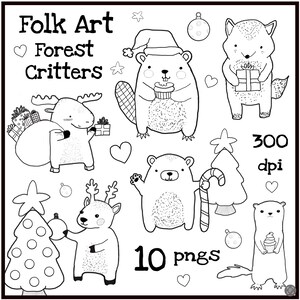 Mignon Folk Art Forest Animal Christmas clipart, Woodland Creature, png, Sublimation, Utilisation commerciale, Pages à colorier, Orignal, Castor, Ours, Renard
