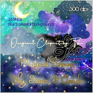 Magical Skies, Environment Clipart, Mystical Night, Celestial Evening, Moon, Clouds, Stars Sublimations, PNGs, Pink Pretty Clouds for Girls