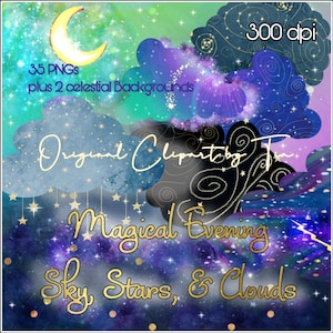 Céus mágicos, clipart de ambiente, noite mística, noite celestial, lua, nuvens, sublimações de estrelas, PNGs, lindas nuvens rosa para meninas