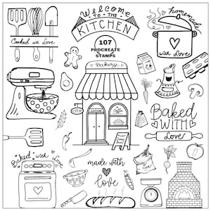107 carimbos fofos para assar e cozinhar, pacote de carimbos de cozinha Procreate desenhados à mão, pincéis fofos para receitas, padaria, chef, pastelaria, vegetais