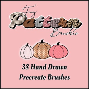 May include: A set of 38 hand-drawn Procreate brushes featuring tiny patterned pumpkins in pink, brown, and white. The text "Tiny Pattern Brushes" is displayed above the pumpkins.