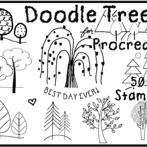 Best Cute Doodle Trees Procreate Brushes, 50 Procreate Stamps, Hand-drawn B&W doodle brushes, Trees, Inspirational Phrases, Adventure Stamps
