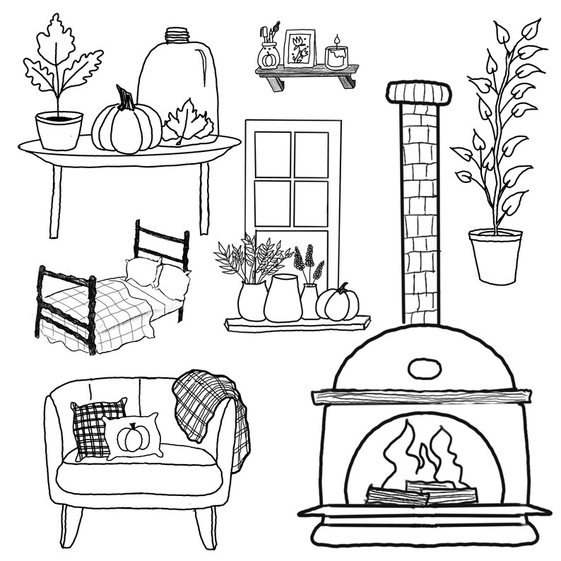 May include: A black and white illustration of a cozy living room with a fireplace, a couch, a bed, a window, a table, and plants. The fireplace has a fire burning inside. The couch has a plaid throw blanket and a pillow with a pumpkin on it. The bed has a checkered blanket. The window has four panes. The table has a pumpkin, a jar, and a plant on it. The plants are in pots.