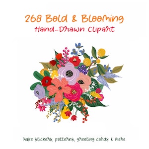 Könnte beinhalten: Ein farbenfrohes, handgezeichnetes Blumen-Clipart-Design mit einer Vielzahl von Blumen in Rot-, Rosa-, Lila- und Gelbtönen. Der Text "268 Bold & Blooming Hand-Drawn Clipart" steht oben, und "Make stickers, patterns, greeting cards & more" unten.