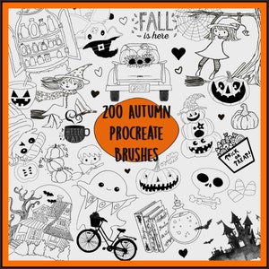 以下が含まれることがあります： 秋とハロウィーンをテーマにした、白黒のProcreateブラシ200個のセット。ブラシには、かぼちゃ、幽霊、コウモリ、魔女、キャンディーコーンなどの画像が含まれています。テキスト「200 Autumn Procreate Brushes」は、大きく太字で表示されています。