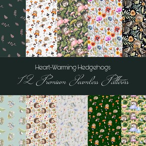 May include: Twelve watercolor seamless patterns featuring cute hedgehogs, mushrooms, flowers, and leaves. The patterns are in various colors, including green, blue, yellow, red, and pink.
