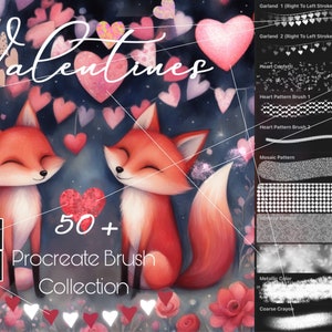Coleção de pincéis Procreate do Dia dos Namorados, pincéis instantâneos de folhagem em formato de coração, pincéis de borda e padrão, selos de amor, brilhos holográficos
