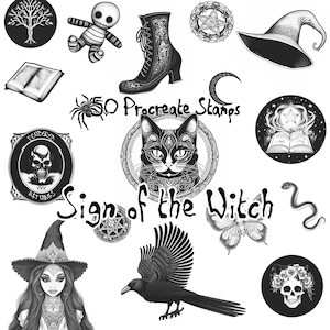 Francobolli simbolo strega, pennelli procreati gotici, download istantaneo, stregoneria pagana stampabile, timbro Wicca, pacchetto icone magiche, luna celeste