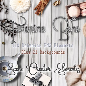 May include: Feminine Boho Scene Creator Elements, a digital download with 110 Bohemian PNG elements and 21 backgrounds. The image shows a white wood background with a variety of items including a white flower, cinnamon sticks, macarons, a knitted blanket, and a teapot.