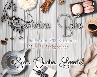 110 Feminine Boho Scene Creator Kit, 21 Backgrounds, Commercial Use Photography Clipart PNG, Modern Flat Lay Mock-Up Maker, Trendy Bohemian
