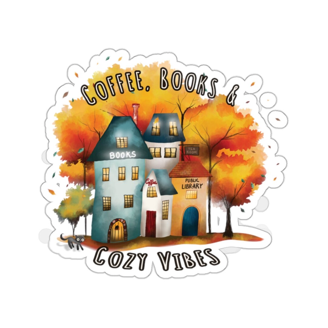 Autumn Bookstore Watercolor Sticker, Vibrant Colorful Fall Village Shop ...