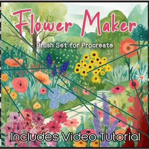 May include: A digital illustration of a garden with various flowers and plants. The image is used to advertise a brush set for the Procreate app called "Flower Maker". The brush set includes a video tutorial.