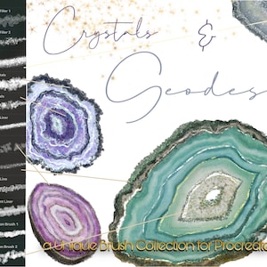 May include: Digital art featuring a collection of geode and crystal-themed Procreate brushes. The image showcases various brush styles, including glitter, jagged, and geode effects, with a color palette of purple, teal, and gold. Text reads "Crystals & Geodes".