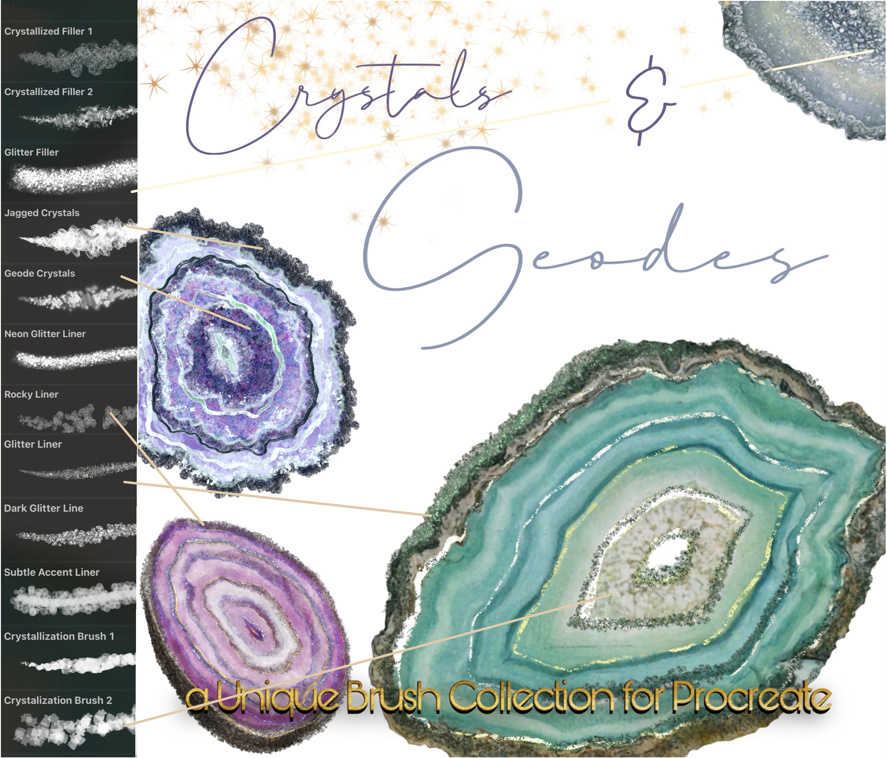 Iridescent Crystal Geode Procreate Brush Bundle – Holographic Glitter, Magic Agate & Metallic Foil Set
