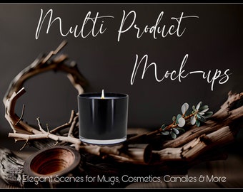 4 Elegant High-End Mock Ups for Coffee Cups, Candles, Cosmetics, Lotions, Mugs & More, Artistic Product Mocks w Dramatic Lighting JPG, PDF