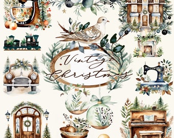 May include: Vintage Christmas watercolor illustrations featuring a house, a train, a car, a bird, a gingerbread man, a sewing machine, a piano, a door, a bowl, and ornaments. The illustrations are in a muted color palette of brown, green, and blue.