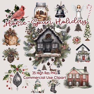 Homespun Old-Fashioned Christmas Clipart PNG Bundle, Commercial Use, Elegant Rustic Winter PNG, Cozy Watercolor PNG, Botanical Boho Yuletide