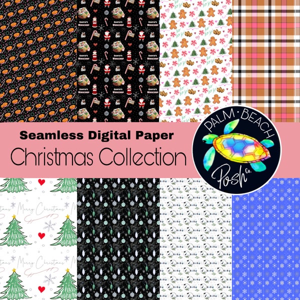 Christmas Seamless Digital Paper - Cute Santa, Gingerbread, Cookies, Snowflakes, Ornaments, Mrs. Clause, Christmas Trees, Santa’s Workshop