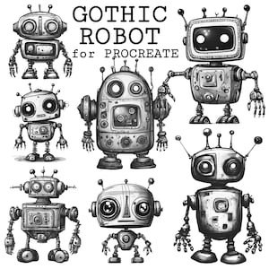 50 uroczych starych robotów, znaczki Procreate Gothic Robots, antyczne roboty, zestaw strasznych znaczków, urocze potwory Halloween inspirowane przez Tima Burtona