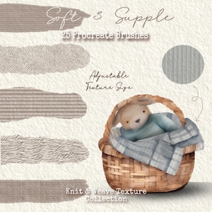 Puede incluir: Un conjunto de 25 pinceles de Procreate para crear texturas de punto y tejido. Los pinceles son ajustables en tamaño y se pueden usar para crear una variedad de texturas, desde suaves y sutiles hasta audaces y dramáticas. La imagen muestra un lindo conejito en una cesta con una manta de punto, mostrando las diferentes texturas que se pueden crear con los pinceles.